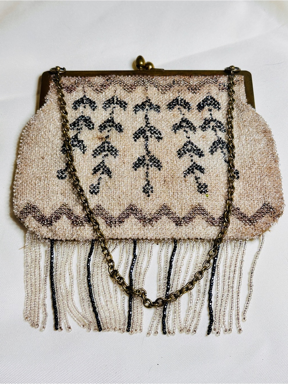 Vintage Beaded Fringe Evening Purse, Cream Black Kiss Lock Flapper Style Bag
